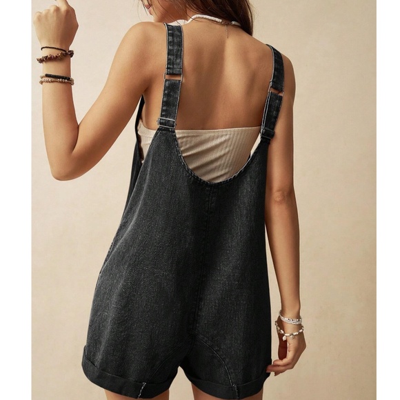 Mineral Wash Black Pockets Denim Jean Romper - Picture 6 of 7
